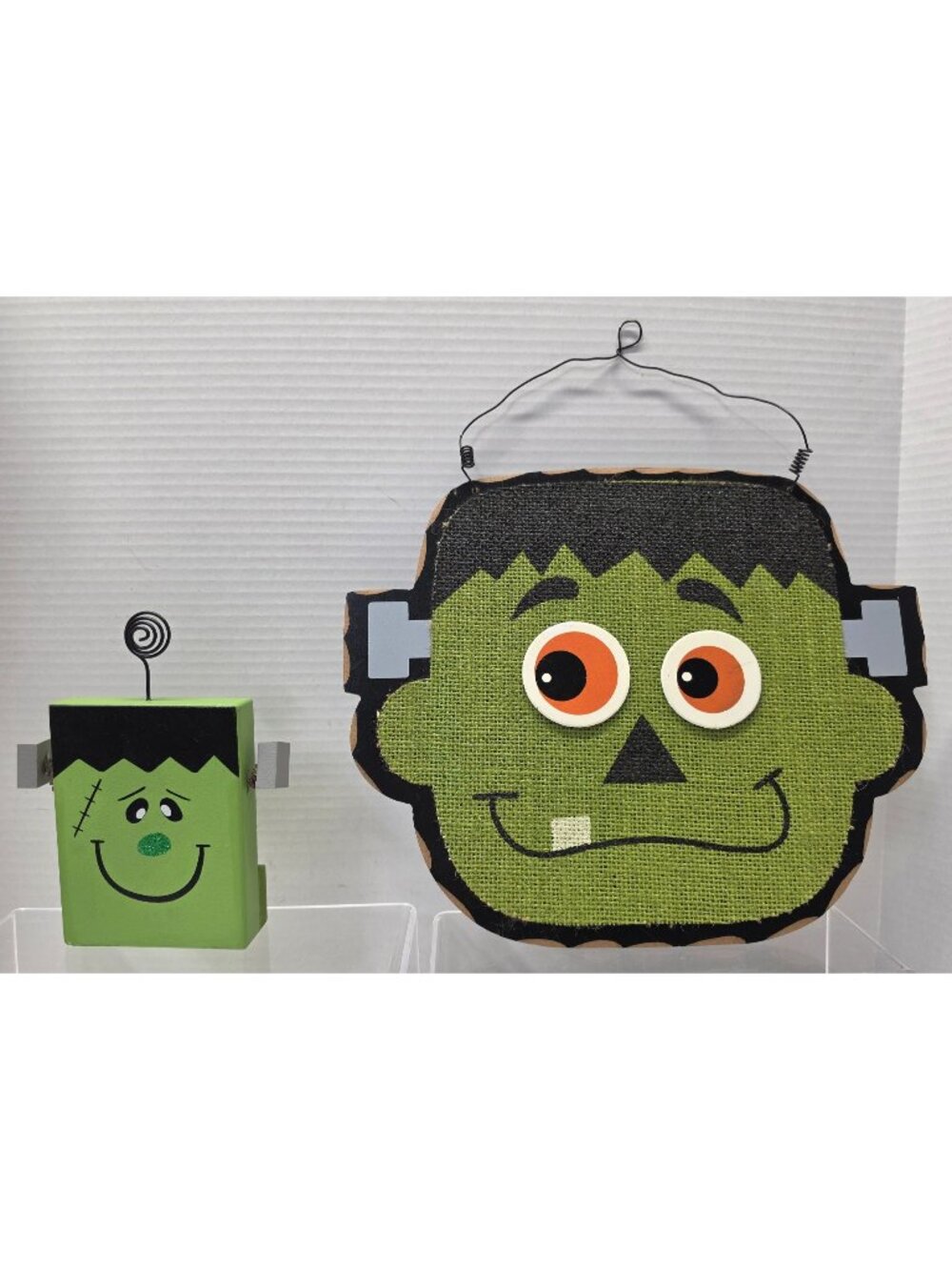 Frankenstein Halloween Decor Lot Wall Hanging Photo Holder Burlap Monster